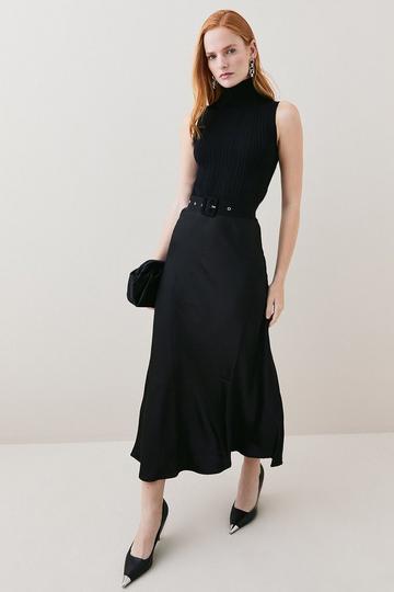Black Satin Skirt Sleeveless Rib Knit Mix Midi Dress