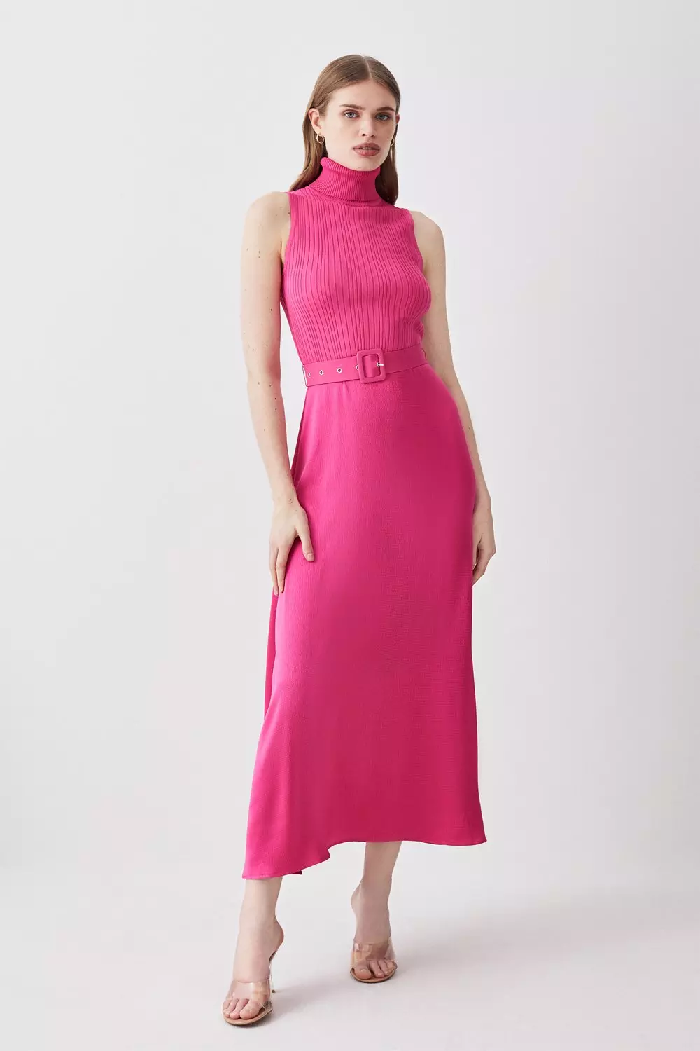 Satin Skirt Sleeveless Rib Knit Mix Midi Dress