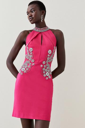 Pink Ponte Embellished Key Hole Mini Dress