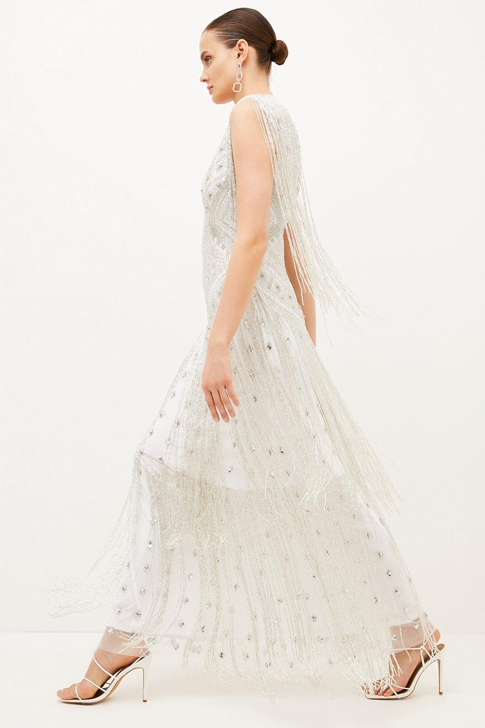 Beaded Fringed Woven Maxi Dress | Karen Millen