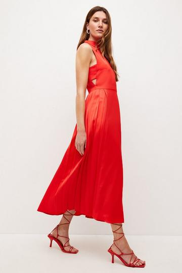 Soft Tailored Pleated Panel Midaxi Dress red