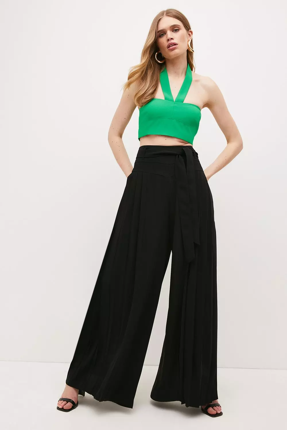 Soft Tailored Belted Pleat Panel Pants