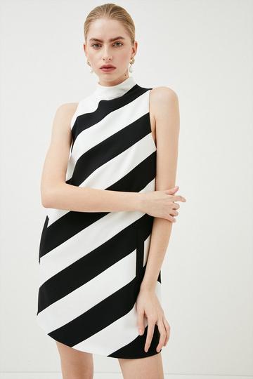 Compact Stretch Diagonal Stripe Shift Mini Dress mono