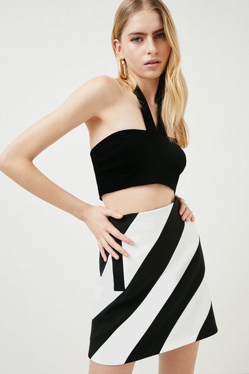 Compact Stretch Diagonal Stripe Mini Skirt