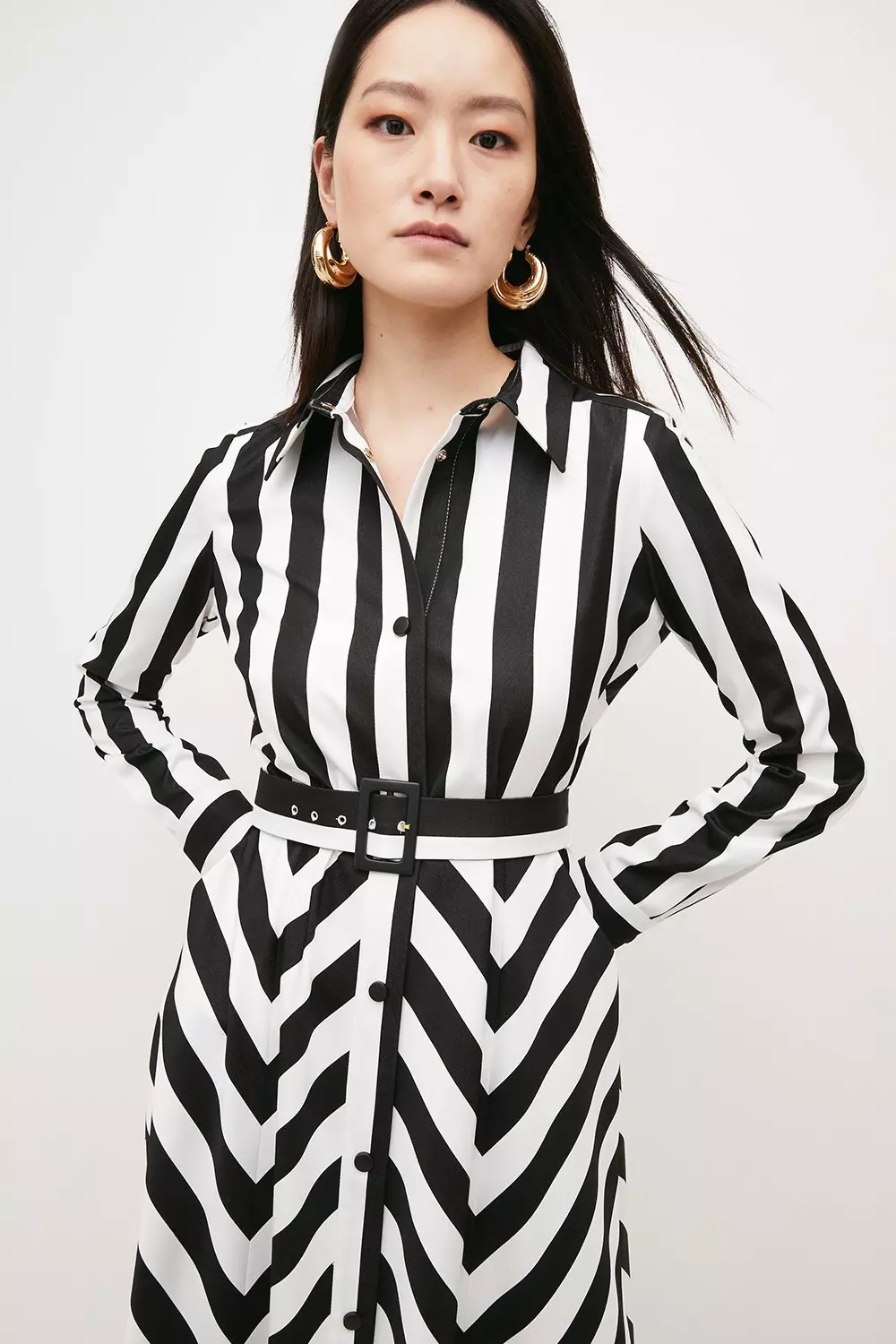 Premium Compact Stretch Stripe Belted Midi Dress | Karen Millen