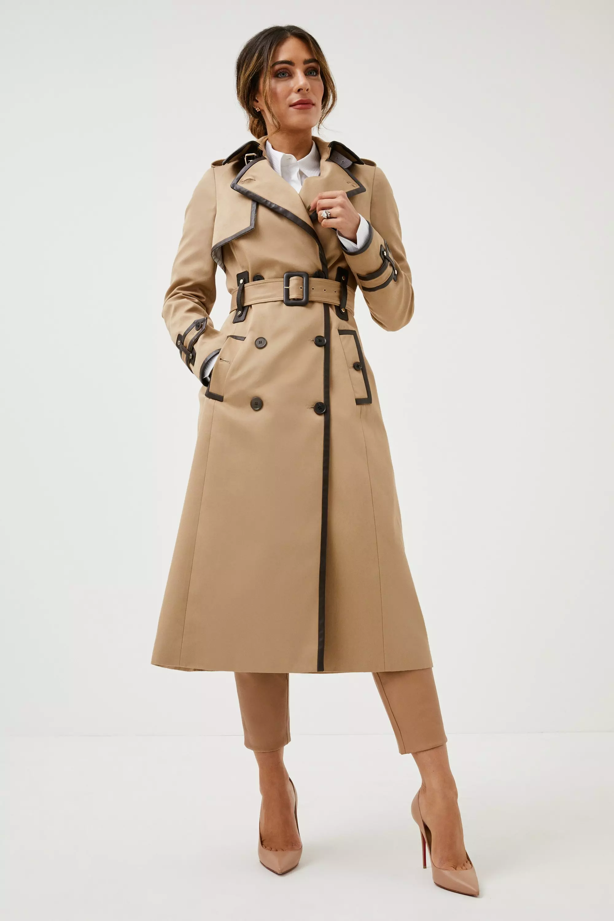 Belted Trench Coat with Criss Cross Collar Beige Cotton Gabardine