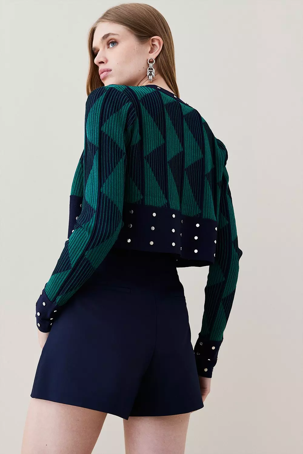 Contrast Jacquard Stud Detail Knit Cardigan