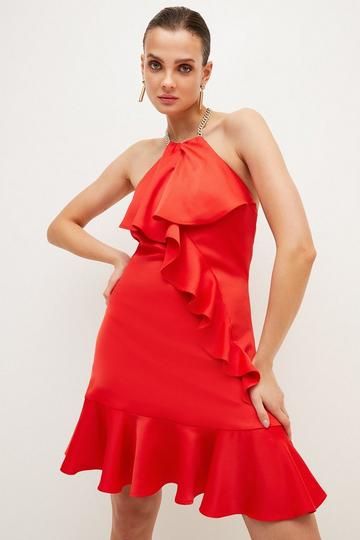 Red Soft Tailored Waterfall Chain Detail Mini Dress