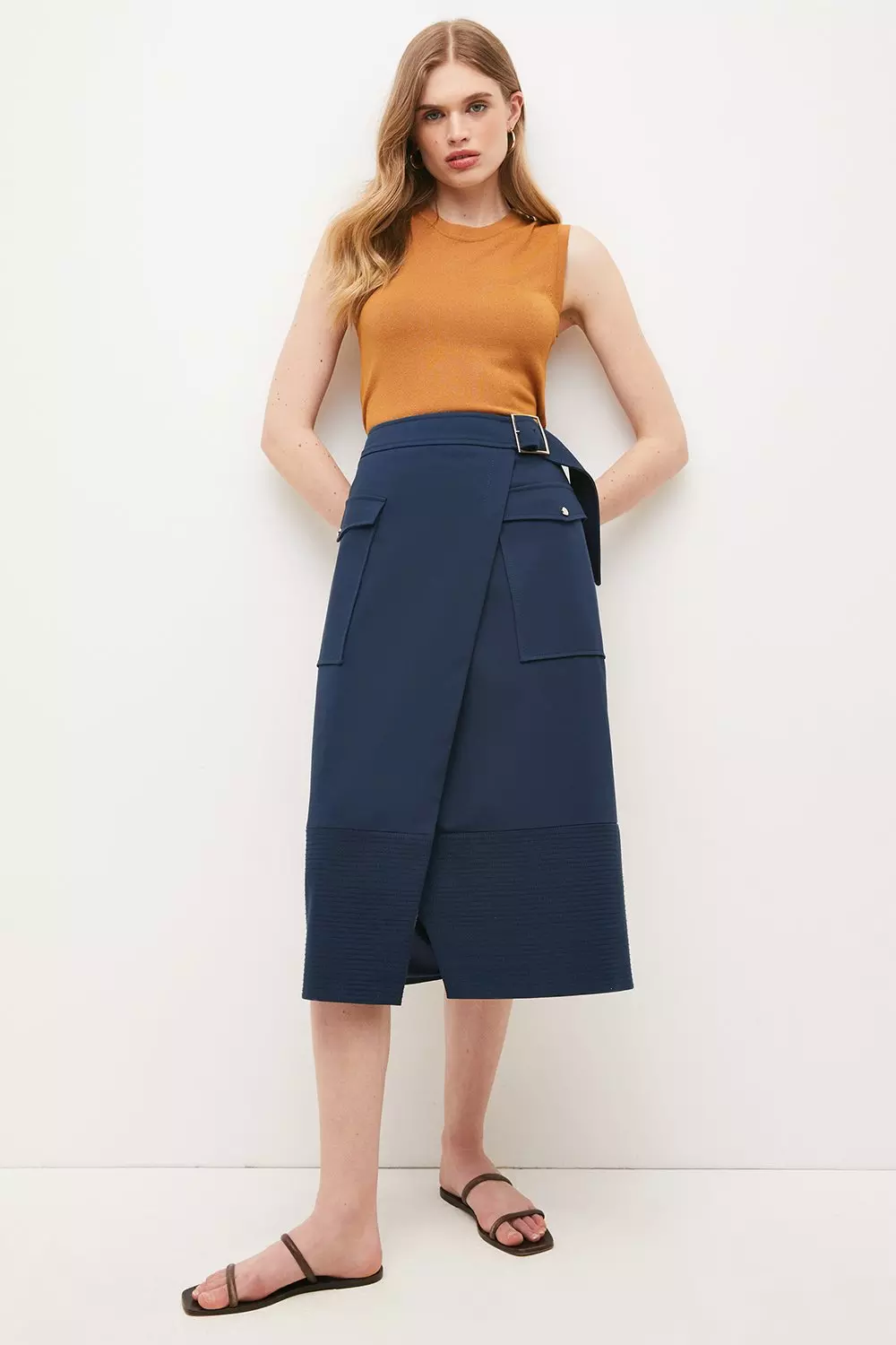 Compact Cotton Stretch Midi Pocket Skirt Karen Millen
