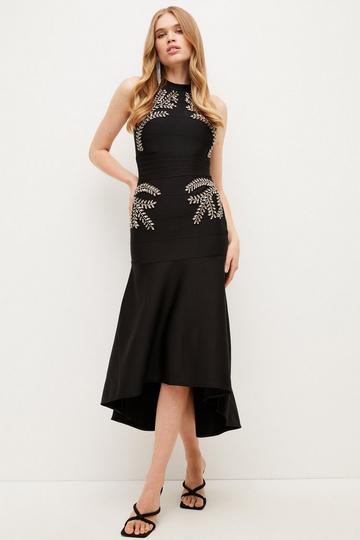 Black Embellished High Low Hem Midi Bandage Knit Dress