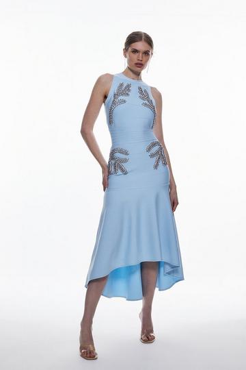 Embellished High Low Hem Midi Bandage Knit Dress blue