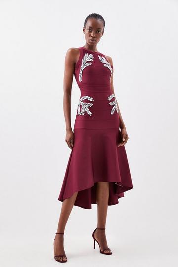 Embellished High Low Hem Midi Bandage Knit Dress burgundy