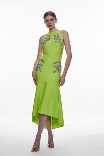 Green Embellished High Low Hem Midi Bandage Knit Dress