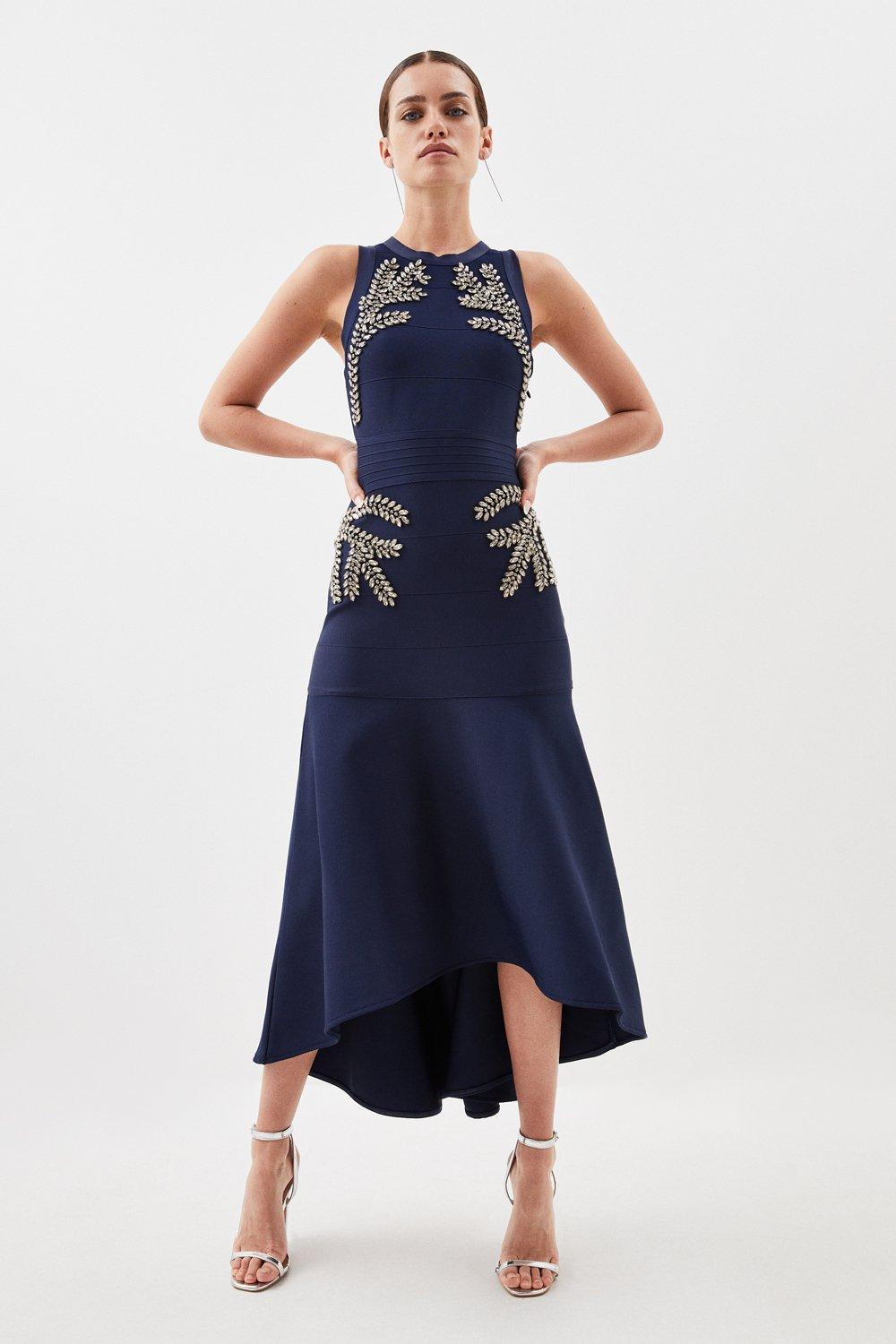 SHOWOFF Women Navy Blue Embellished Round Neck Sleeveless Maxi