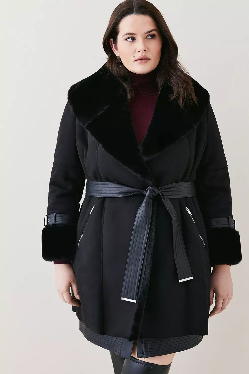 Faux Fur Belted Mock Neck Coat