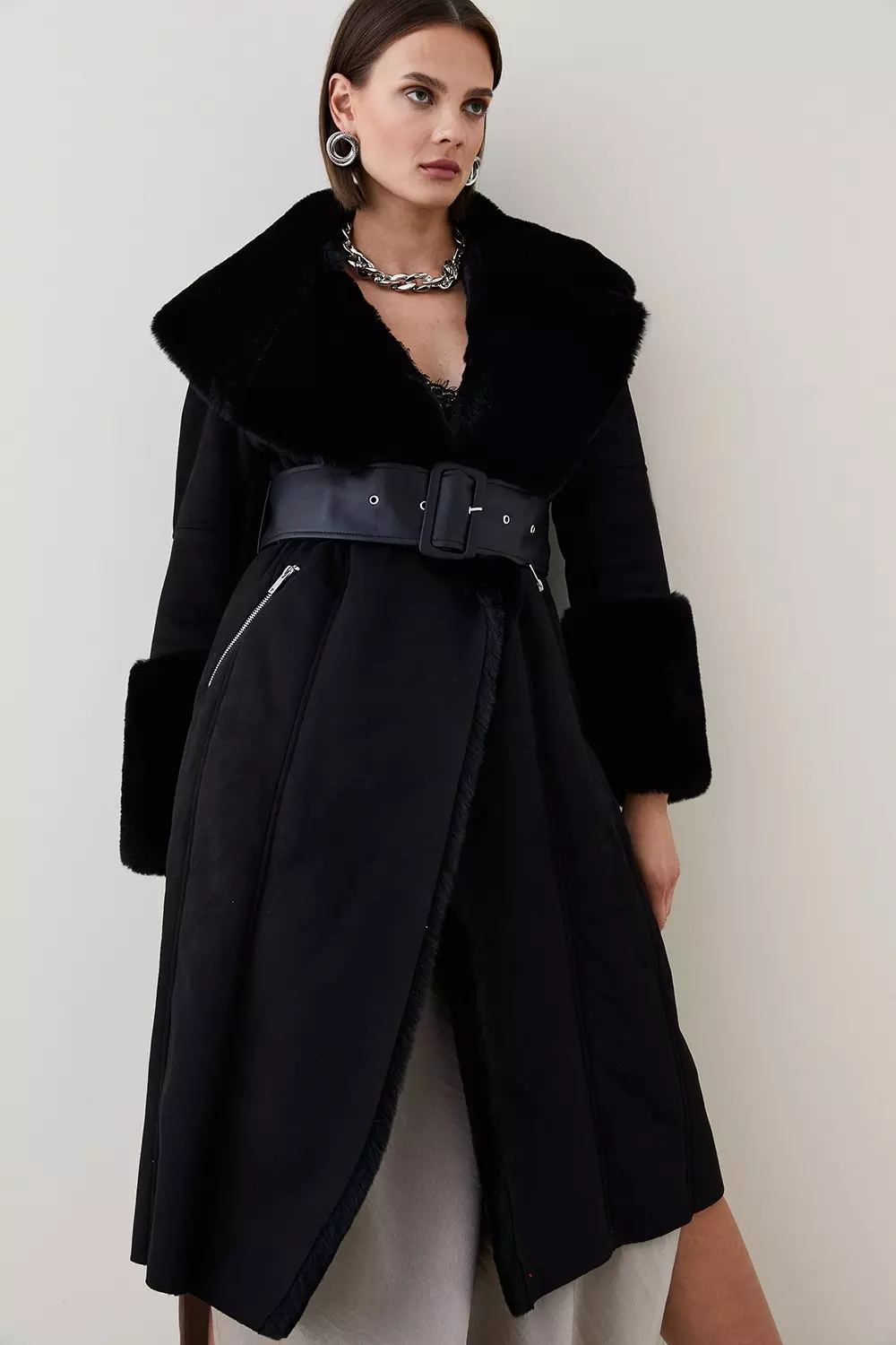 Long Faux Shearling Belted Coat Karen Millen