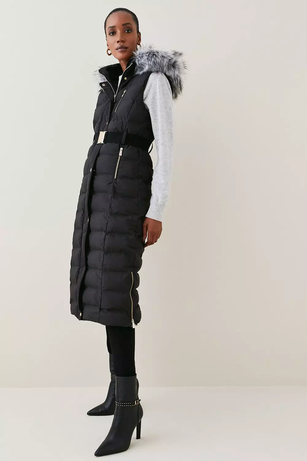 Belted Puffer Faux Fur Maxi Hooded Vest