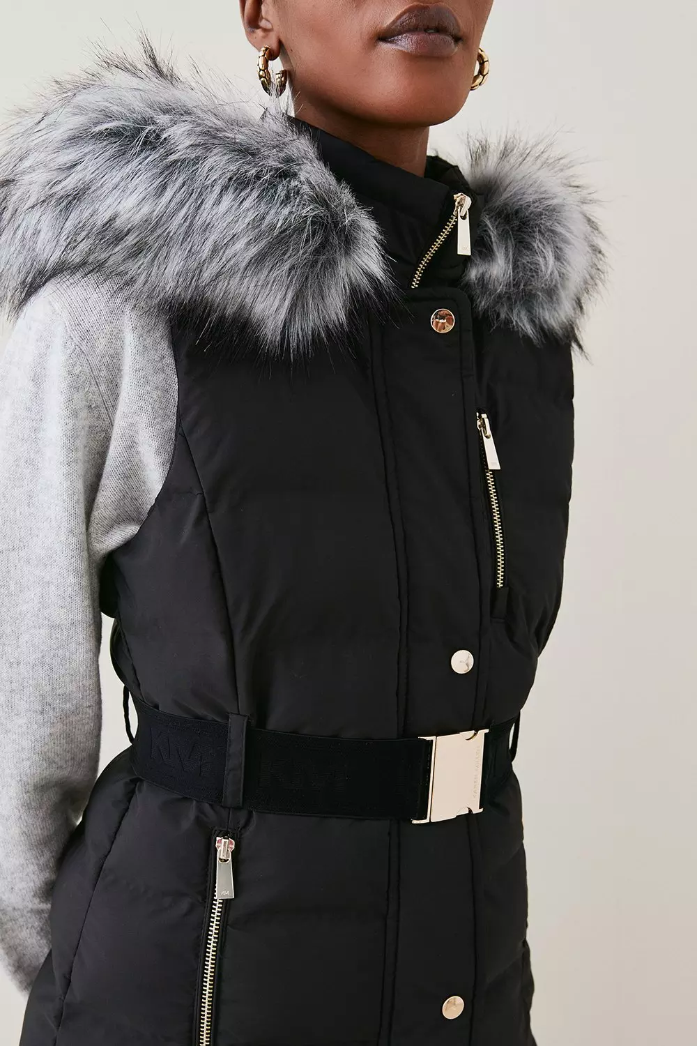 Black Faux Fur Trim Belted Padded Gilet With Hood