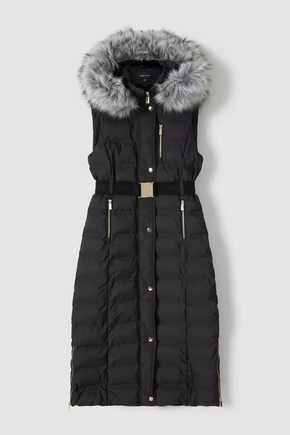 Belted Puffer Faux Fur Maxi Hooded Gilet | Karen Millen