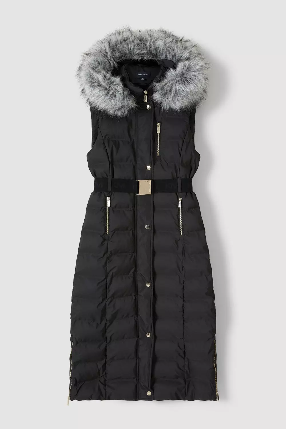 Belted Puffer Faux Fur Maxi Hooded Vest