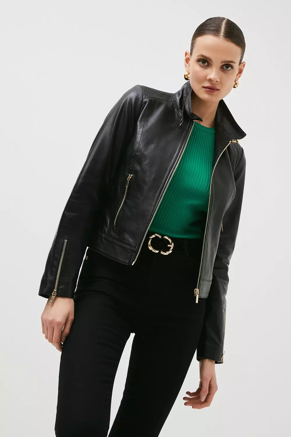 Leather Signature 90S Moto Jacket | Karen Millen