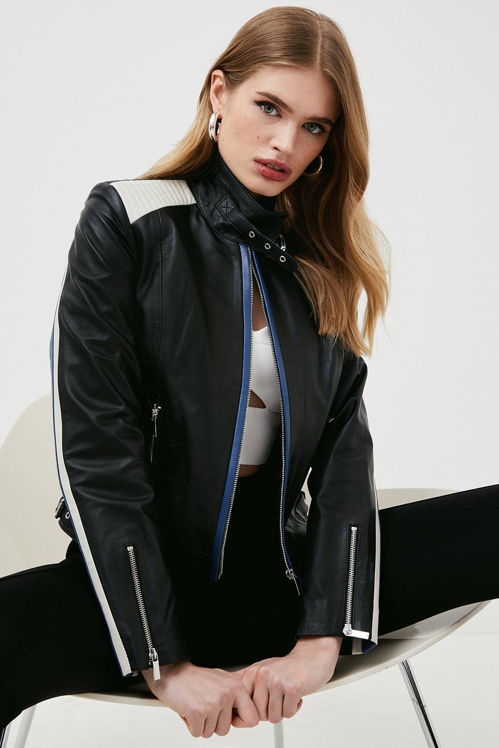 Leather Colorblock 90S Moto Jacket | Karen Millen