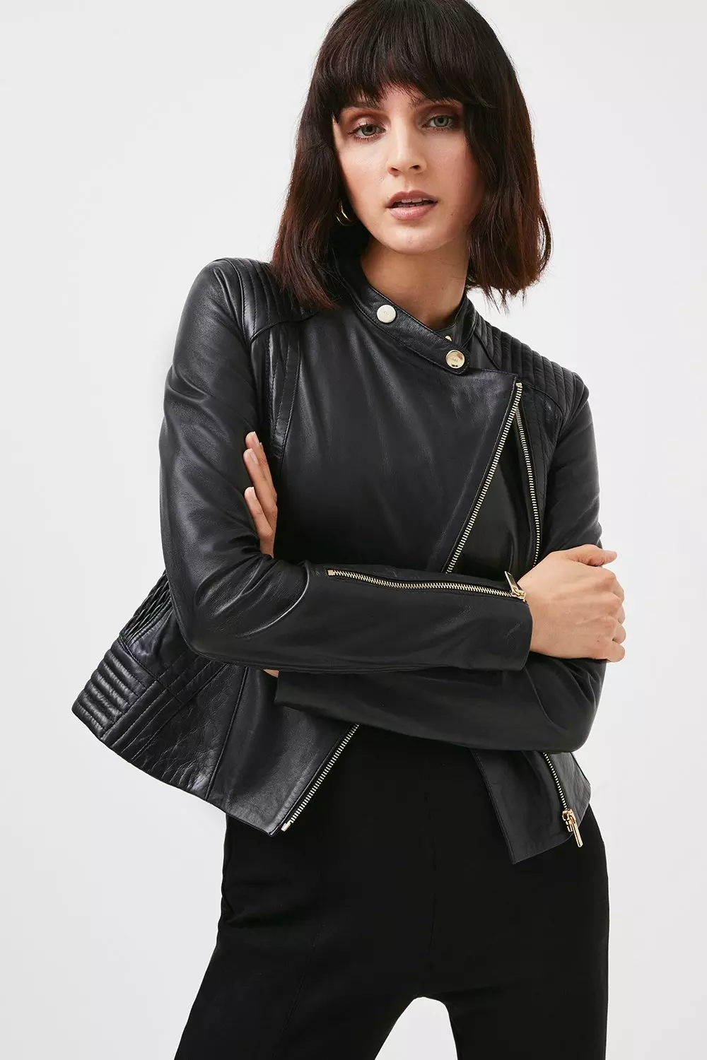 Leather Quilted Sleeve Detail Biker Jacket | Karen Millen