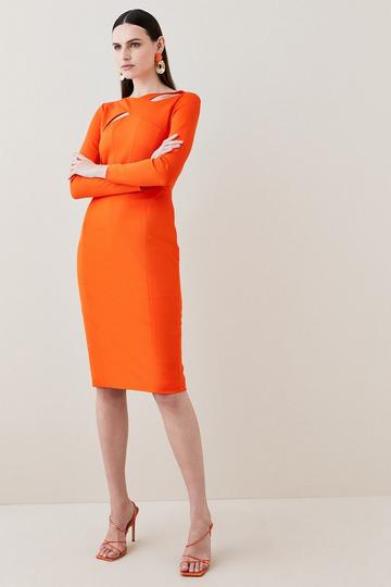 Orange Italian Structured Rib Cross Over Tailored Pencil Midi Dress