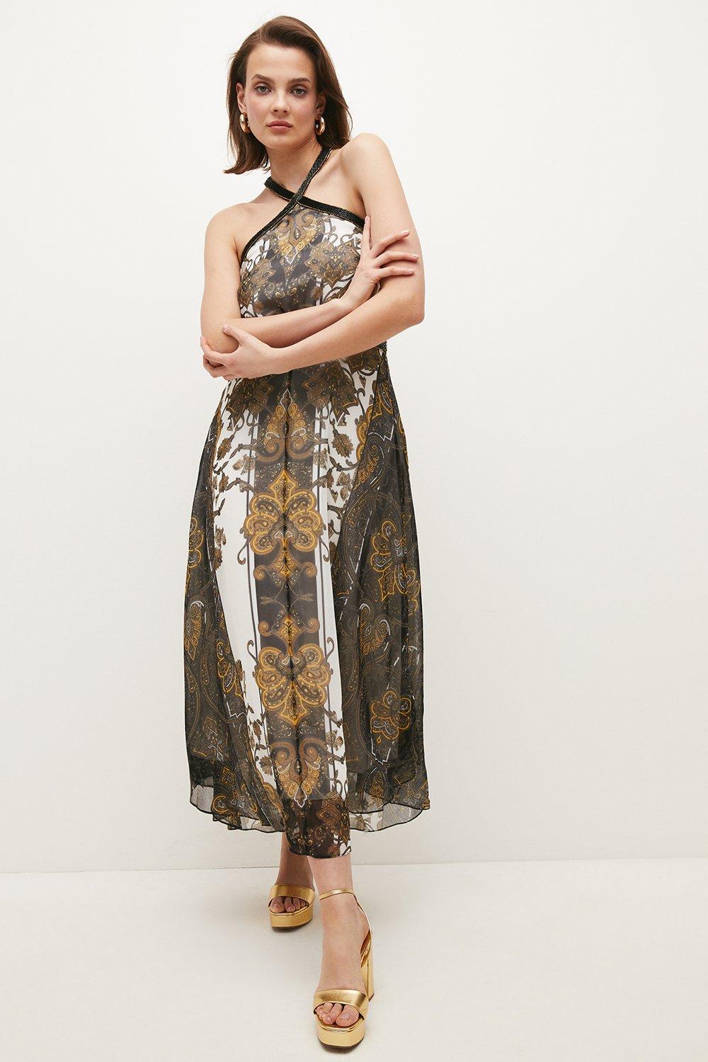 Baroque Print Pleated Twill Dress