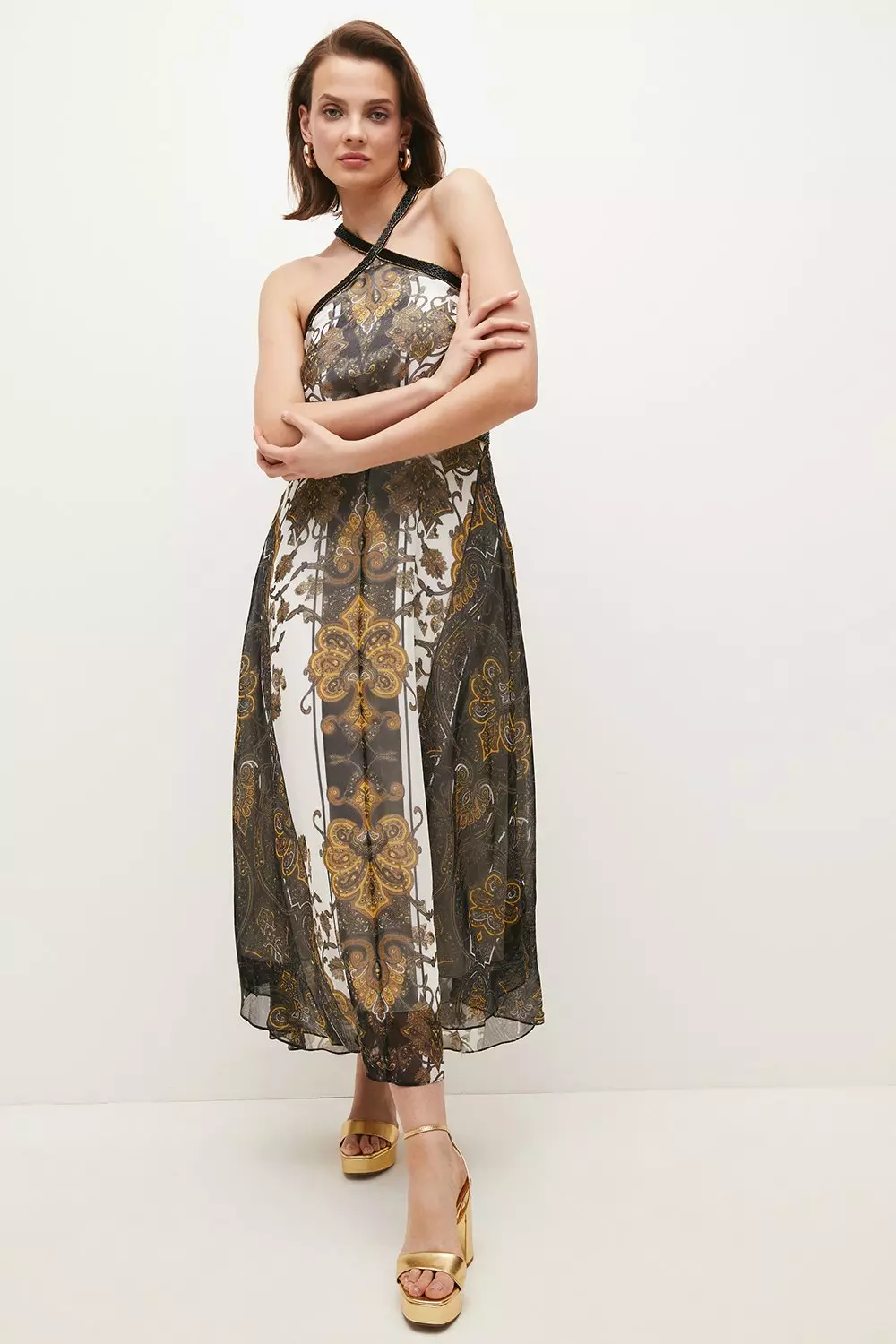 Baroque Print Woven Halter Midi Dress | Karen Millen