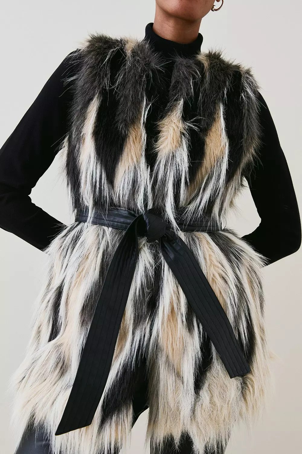Belted Puffer Faux Fur Maxi Hooded Vest