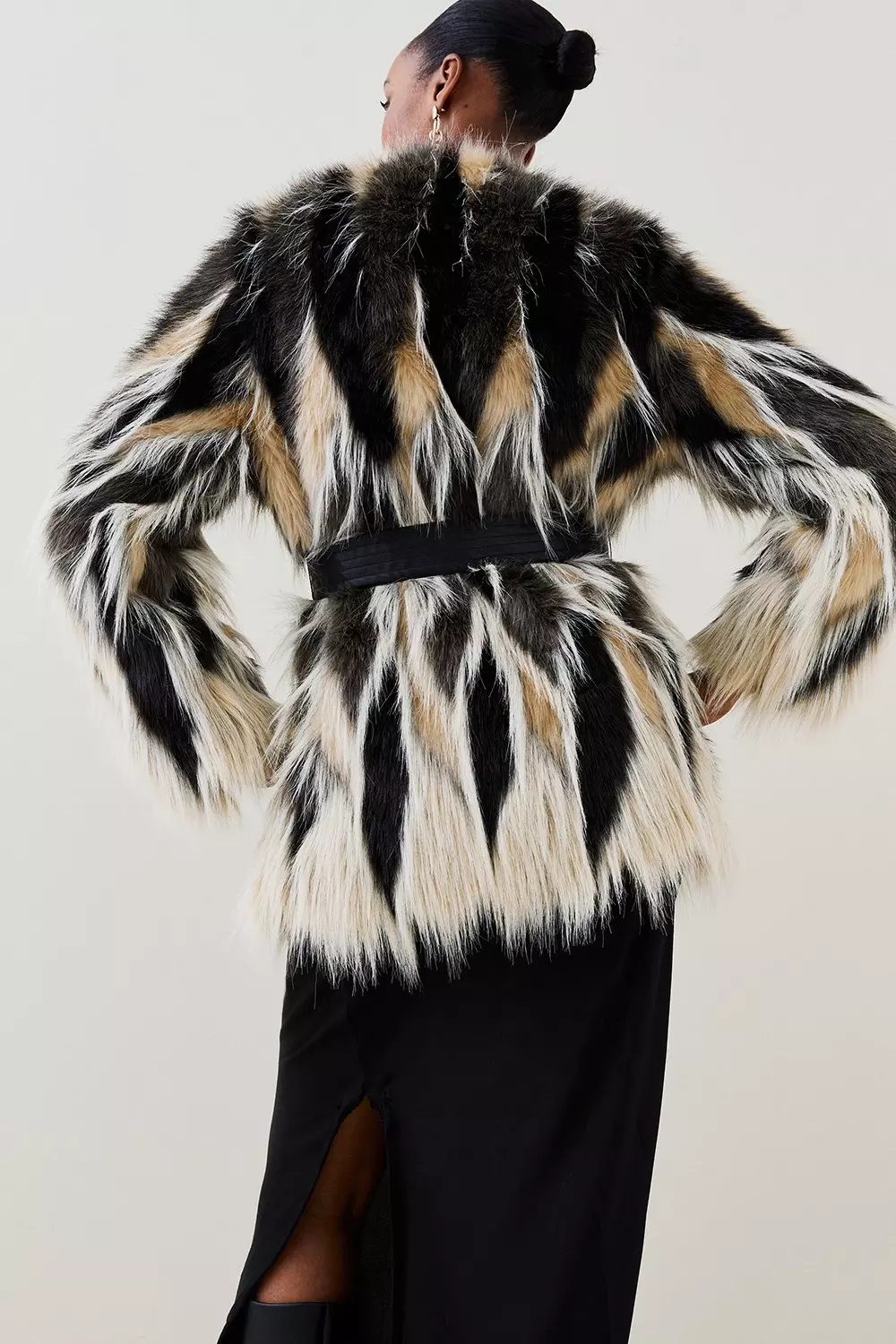 Jacquard Faux Fur Pu Belted Coat