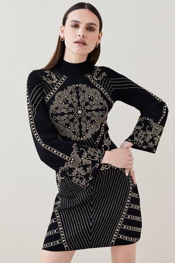 Black Embellished Hot Fix Swing Knit Mini Dress