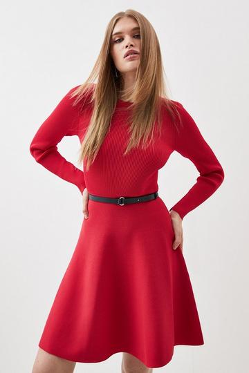 Red Viscose Blend Crew Neck Knitted Skater Mini Dress