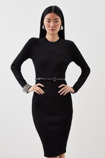 Black Viscose Blend Rib Knitted Midi Belted Dress