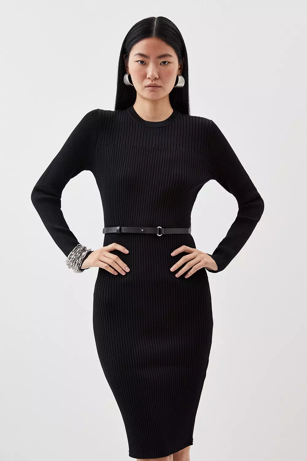 Viscose Blend Rib Knit Belted Midi Dress Karen Millen