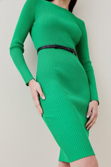 Viscose Blend Rib Knit Belted Midi Dress green