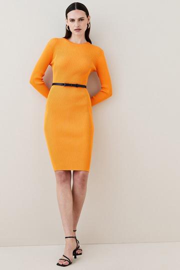 Orange Viscose Blend Rib Knit Belted Midi Dress