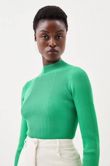 Green Funnel Neck Rib Knit Sweater