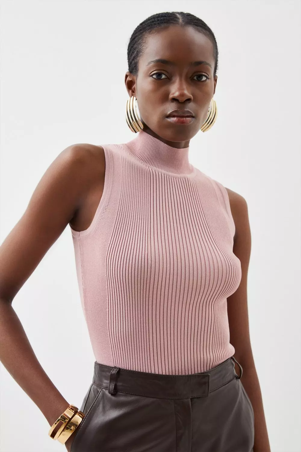 Viscose Blend Sleeveless Rib Knit Funnel Neck Top