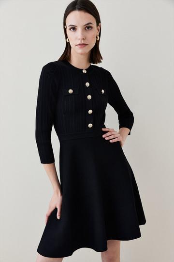 Black Military Rib Knit Skater Mini Dress