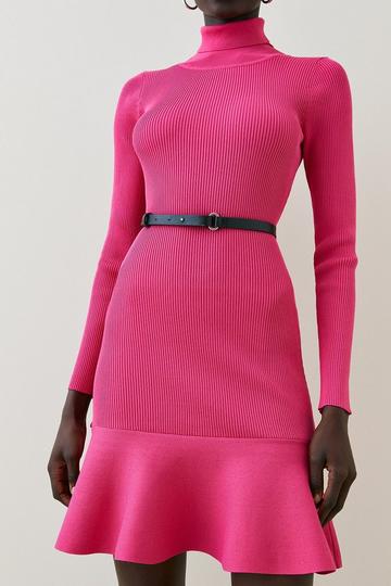 Knitted Turtleneck Belted Flippy Hem Mini Dress fuchsia