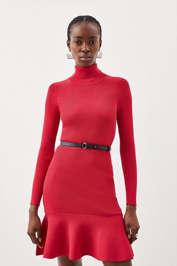 Viscose Blend Knit Roll Neck Belted Flippy Hem Mini Dress red