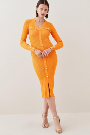 Military Button Detail V Neck Rib Knitted Midi Dress orange