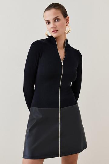 Black Funnel Neck Pu Hem Knit Mini Dress