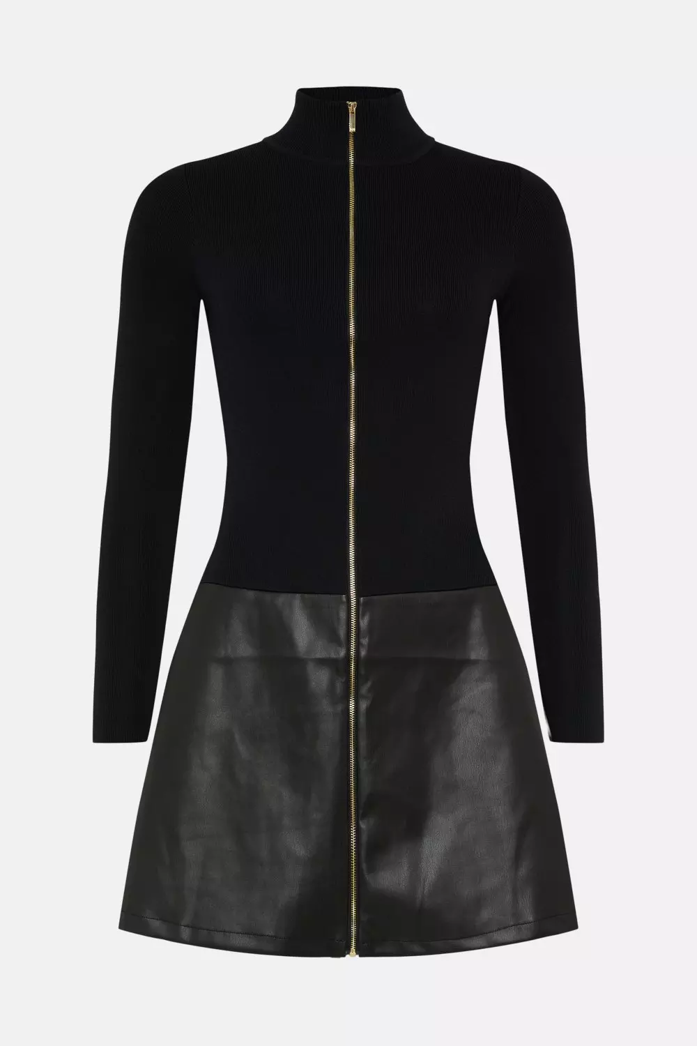 Funnel Neck Pu Hem Knit Mini Dress Karen Millen