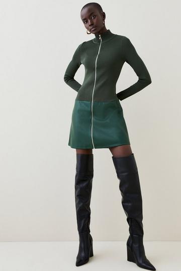 Funnel Neck Pu Hem Knit Mini Dress forest