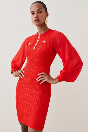 Military Trim Rib Knitted Mini Dress red