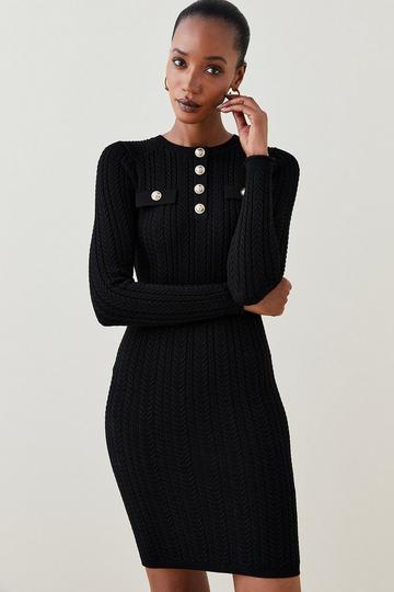 Black Military Trim Cable Knit Mini Dress