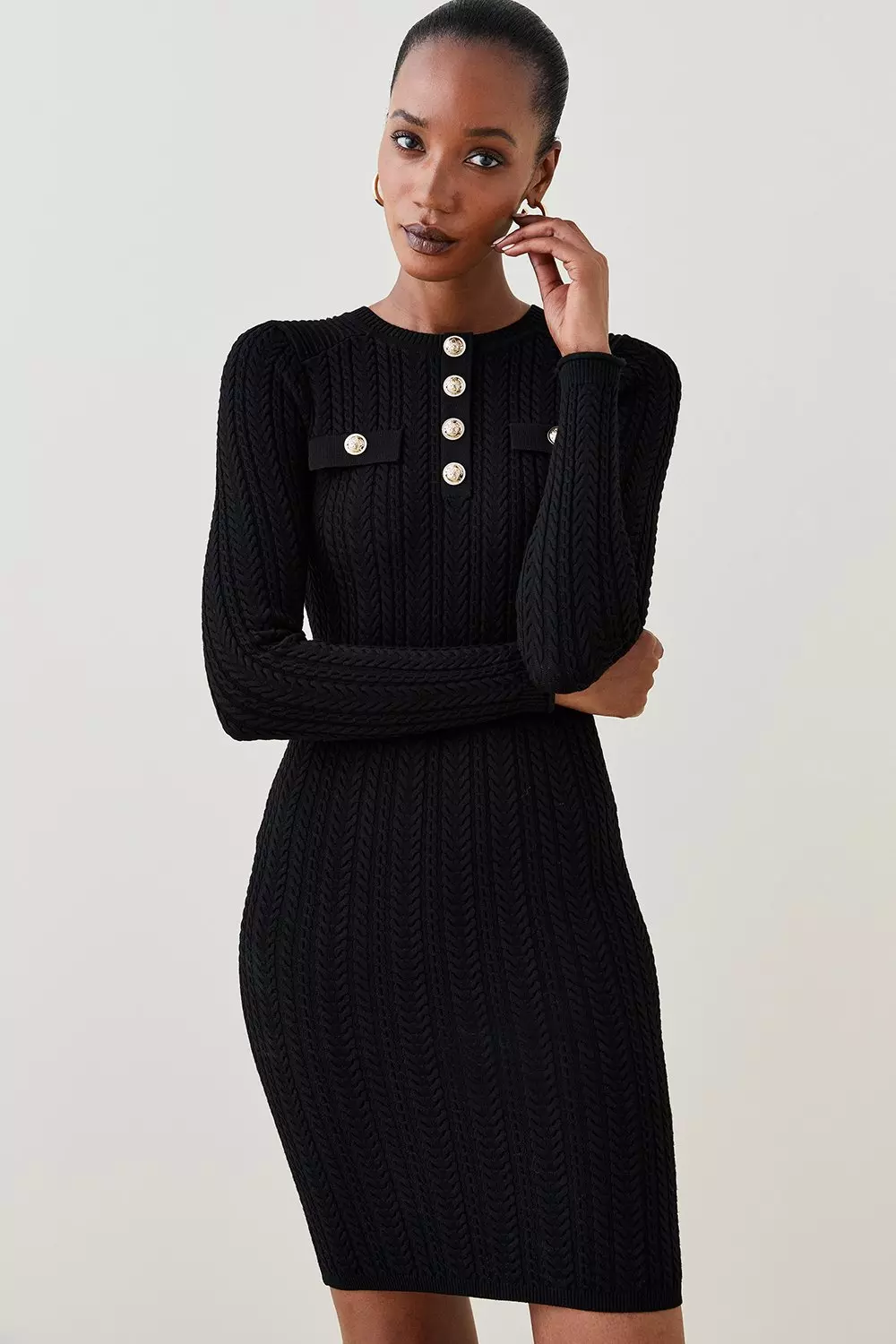 Navy Slinky Cut Out Trim Detail Long Sleeve Bodycon Dress